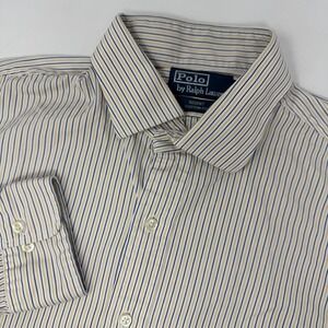 Polo‎ Ralph Lauren Button Down Mens 16.5 32/33 White Navy Yellow Striped Regent